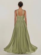 KissDress-Ciri Thyme A Line Chiffon Halter Neck Pleated Long Bridesmaid Dress with Slit