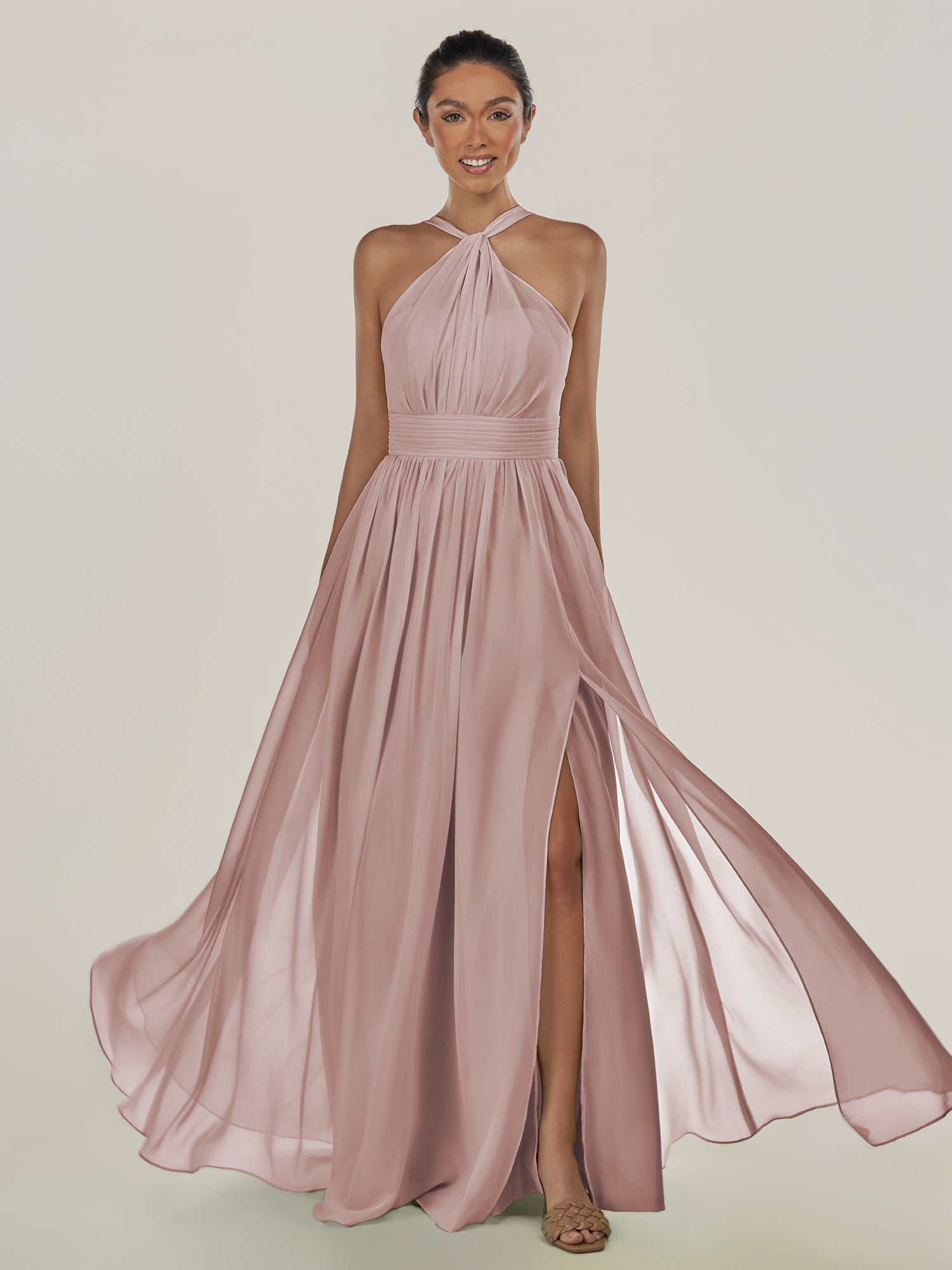KissDress-Ciri Toffee A Line Chiffon Halter Neck Pleated Long Bridesmaid Dress with Slit