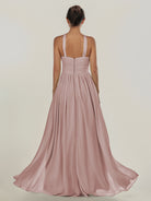 KissDress-Ciri Toffee A Line Chiffon Halter Neck Pleated Long Bridesmaid Dress with Slit