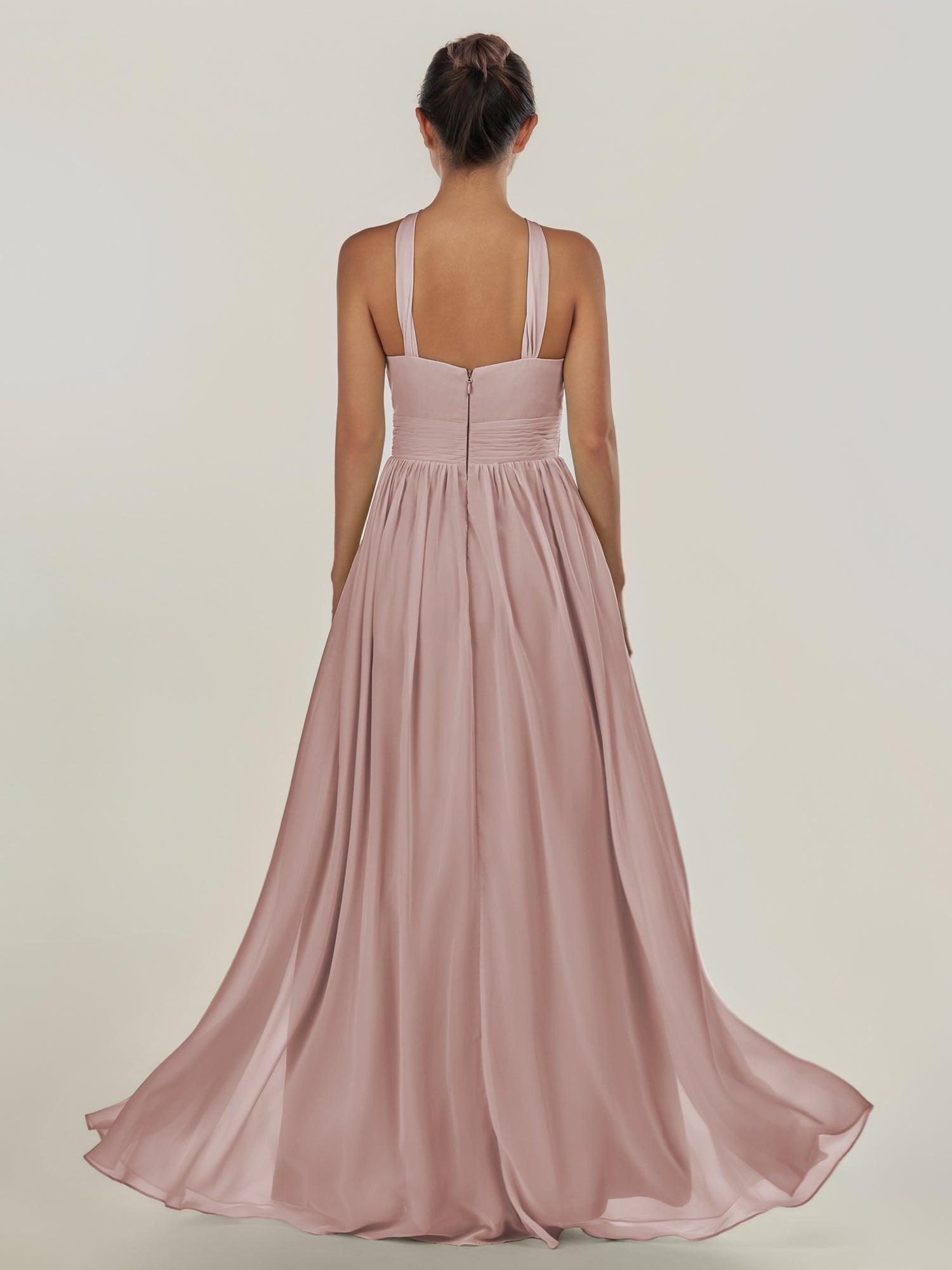 KissDress-Ciri Toffee A Line Chiffon Halter Neck Pleated Long Bridesmaid Dress with Slit