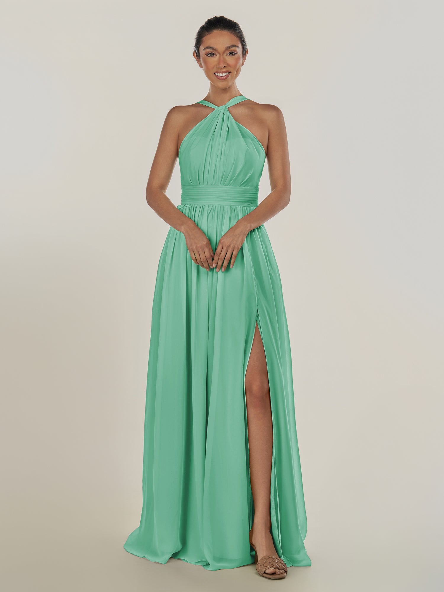 KissDress-Ciri Turquoise A Line Chiffon Halter Neck Pleated Long Bridesmaid Dress with Slit