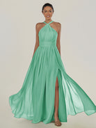 KissDress-Ciri Turquoise A Line Chiffon Halter Neck Pleated Long Bridesmaid Dress with Slit
