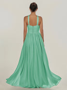 KissDress-Ciri Turquoise A Line Chiffon Halter Neck Pleated Long Bridesmaid Dress with Slit