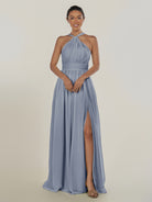 KissDress-Ciri Twilight A Line Chiffon Halter Neck Pleated Long Bridesmaid Dress with Slit