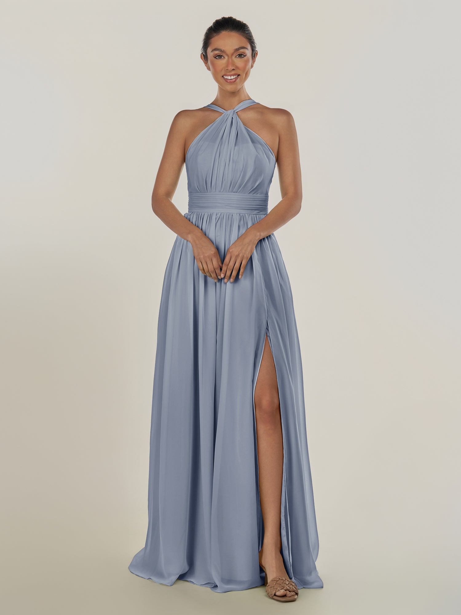 KissDress-Ciri Twilight A Line Chiffon Halter Neck Pleated Long Bridesmaid Dress with Slit