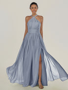KissDress-Ciri Twilight A Line Chiffon Halter Neck Pleated Long Bridesmaid Dress with Slit