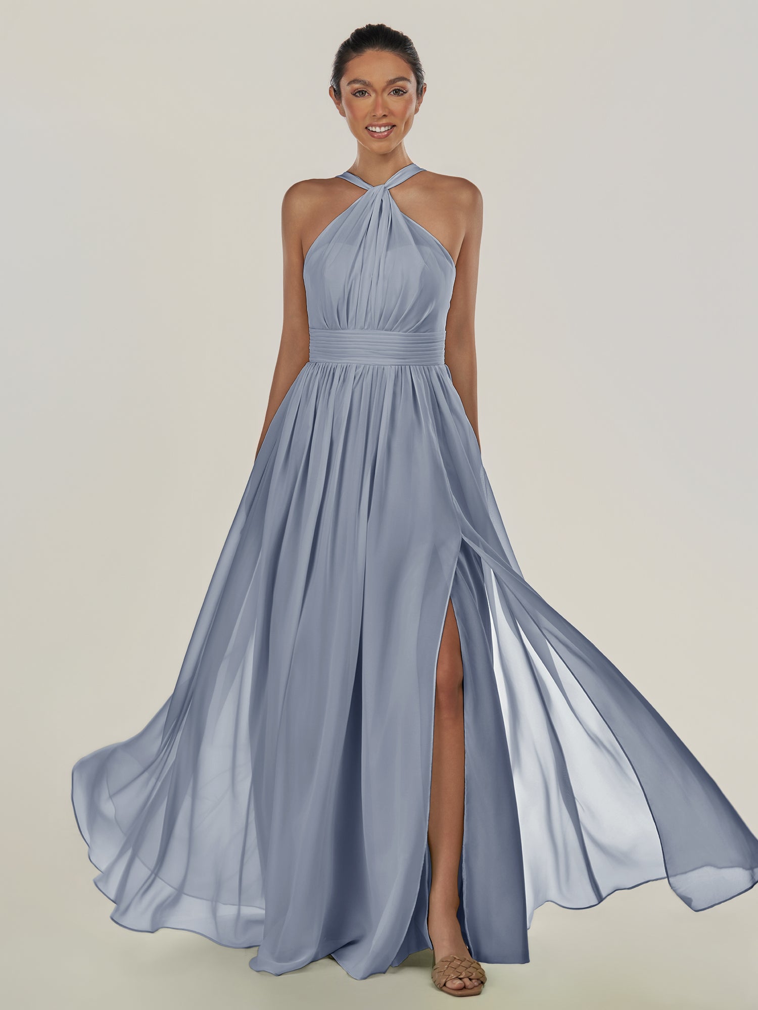 KissDress-Ciri Twilight A Line Chiffon Halter Neck Pleated Long Bridesmaid Dress with Slit
