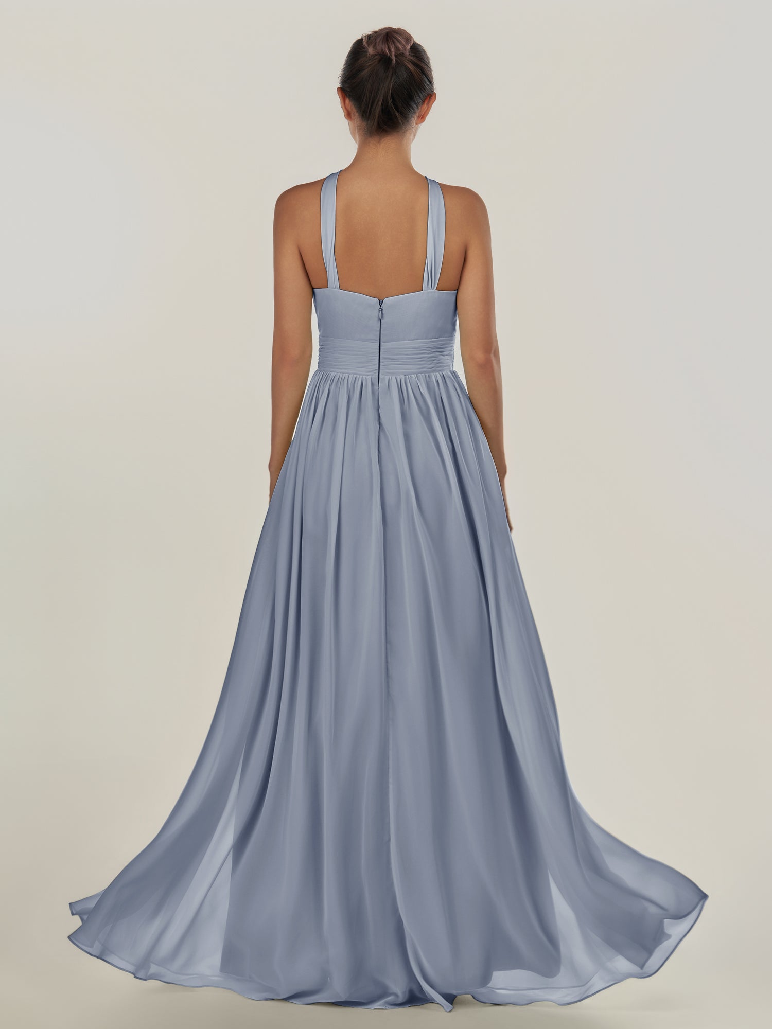 KissDress-Ciri Twilight A Line Chiffon Halter Neck Pleated Long Bridesmaid Dress with Slit