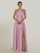 KissDress-Ciri Vintage Mauve A Line Chiffon Halter Neck Pleated Long Bridesmaid Dress with Slit