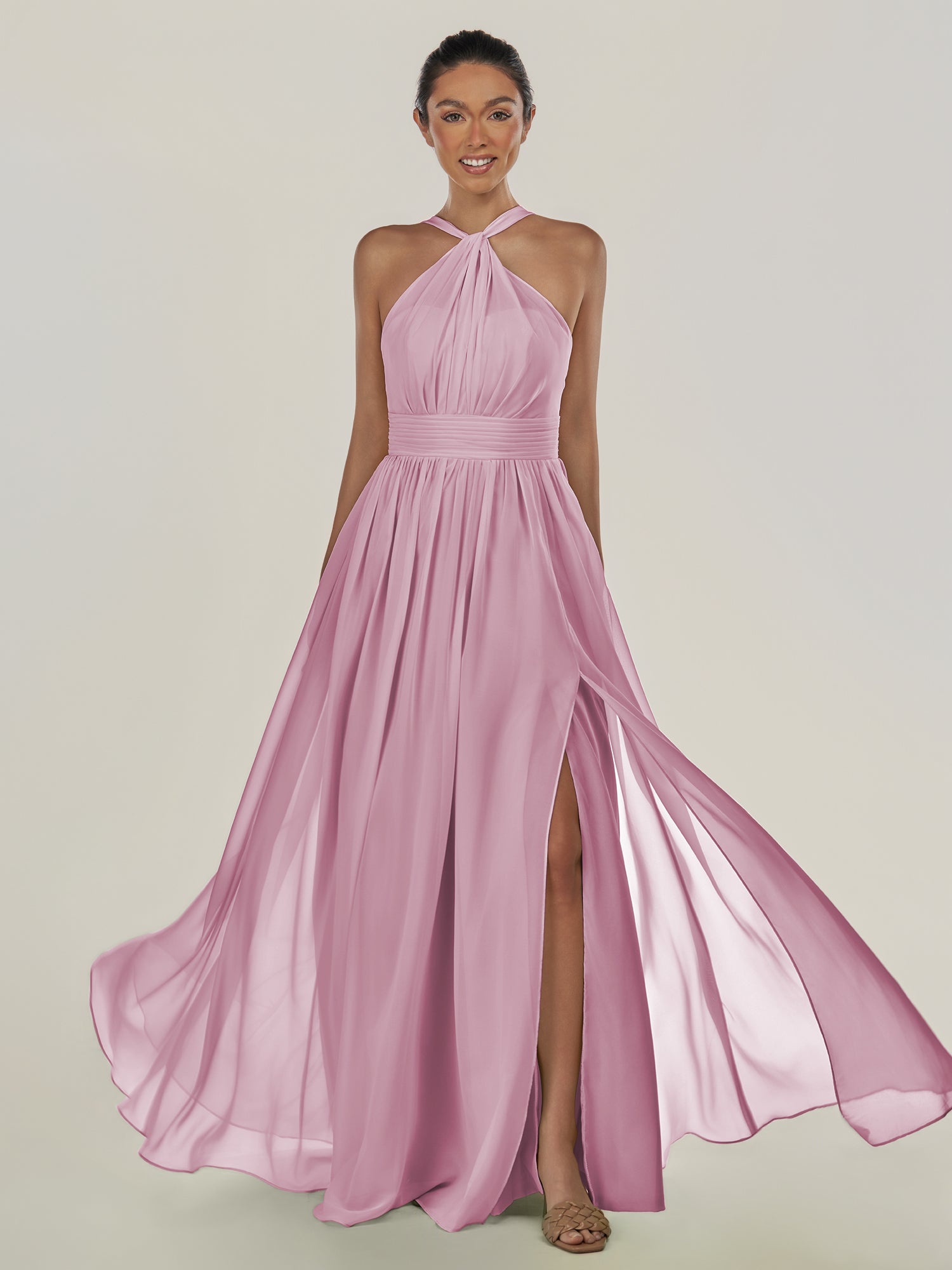 KissDress-Ciri Vintage Mauve A Line Chiffon Halter Neck Pleated Long Bridesmaid Dress with Slit