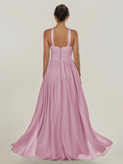 KissDress-Ciri Vintage Mauve A Line Chiffon Halter Neck Pleated Long Bridesmaid Dress with Slit