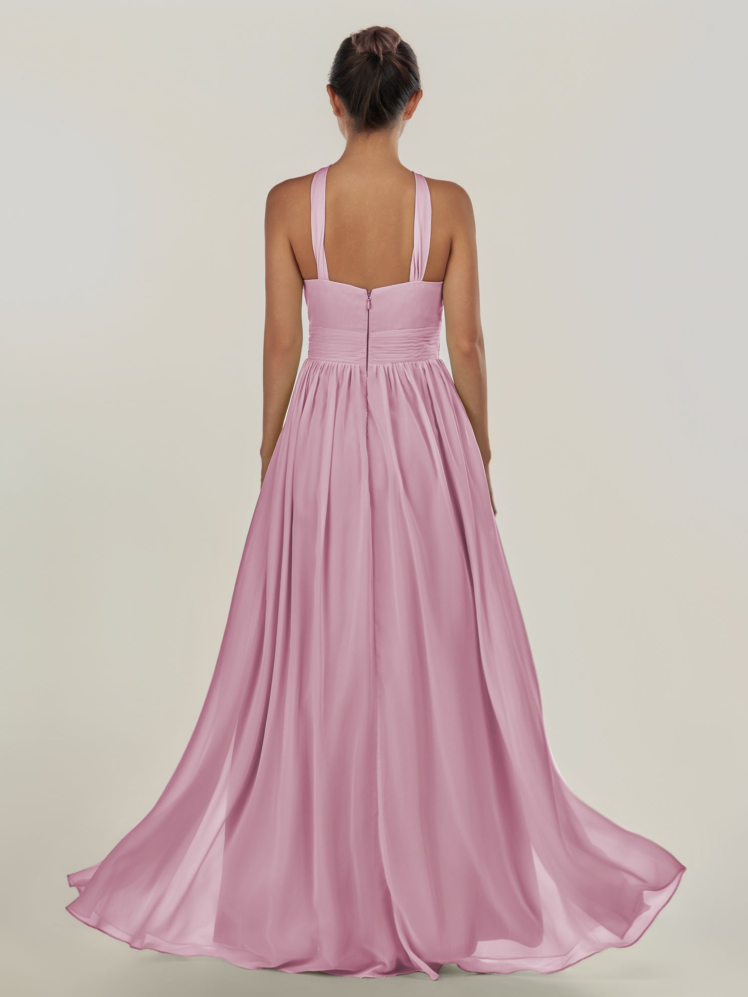 KissDress-Ciri Vintage Mauve A Line Chiffon Halter Neck Pleated Long Bridesmaid Dress with Slit