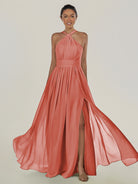 KissDress-Ciri Wild Rose A Line Chiffon Halter Neck Pleated Long Bridesmaid Dress with Slit