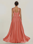 KissDress-Ciri Wild Rose A Line Chiffon Halter Neck Pleated Long Bridesmaid Dress with Slit