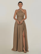 KissDress-Ciri Willow Green A Line Chiffon Halter Neck Pleated Long Bridesmaid Dress with Slit