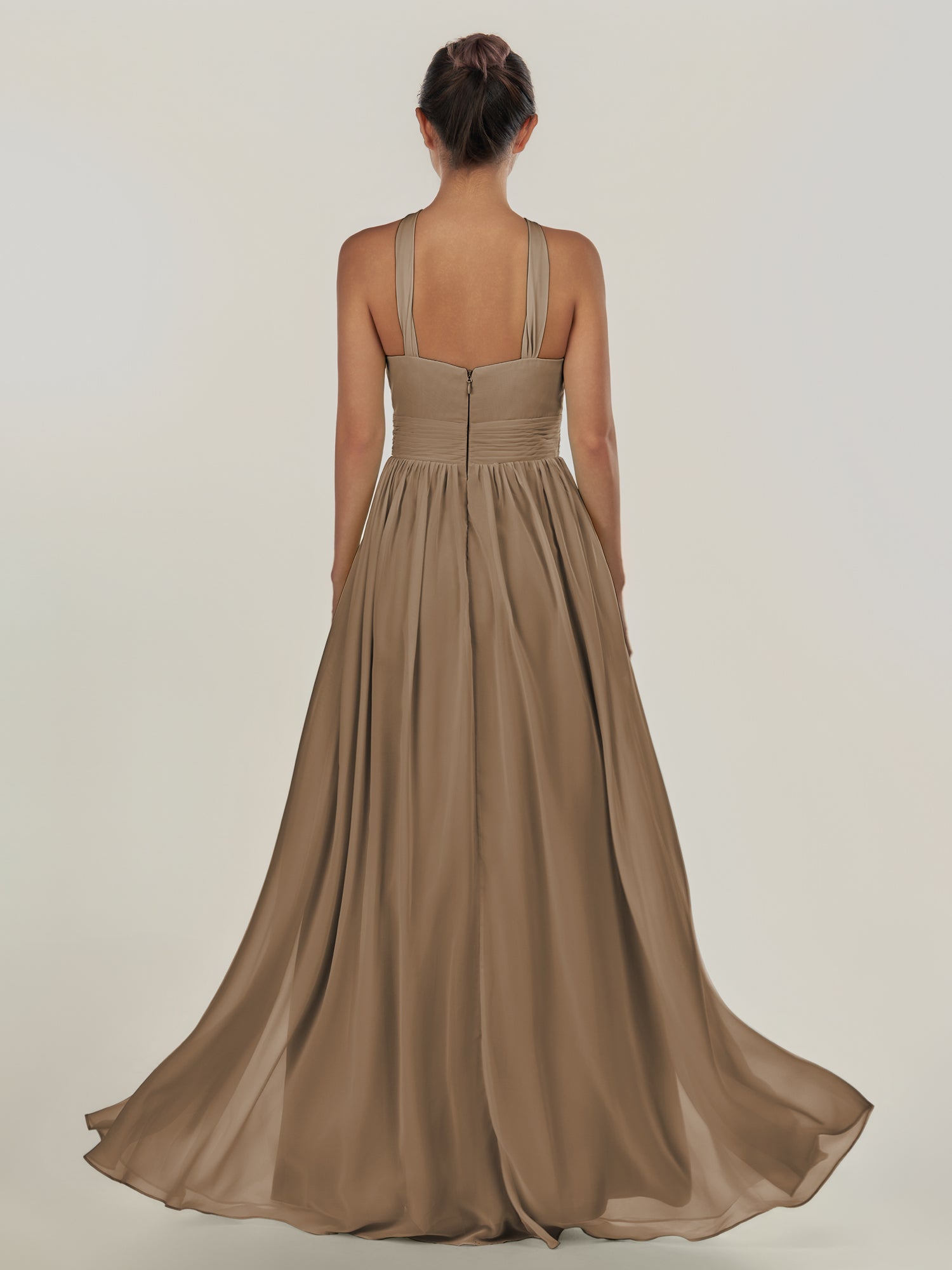 KissDress-Ciri Willow Green A Line Chiffon Halter Neck Pleated Long Bridesmaid Dress with Slit