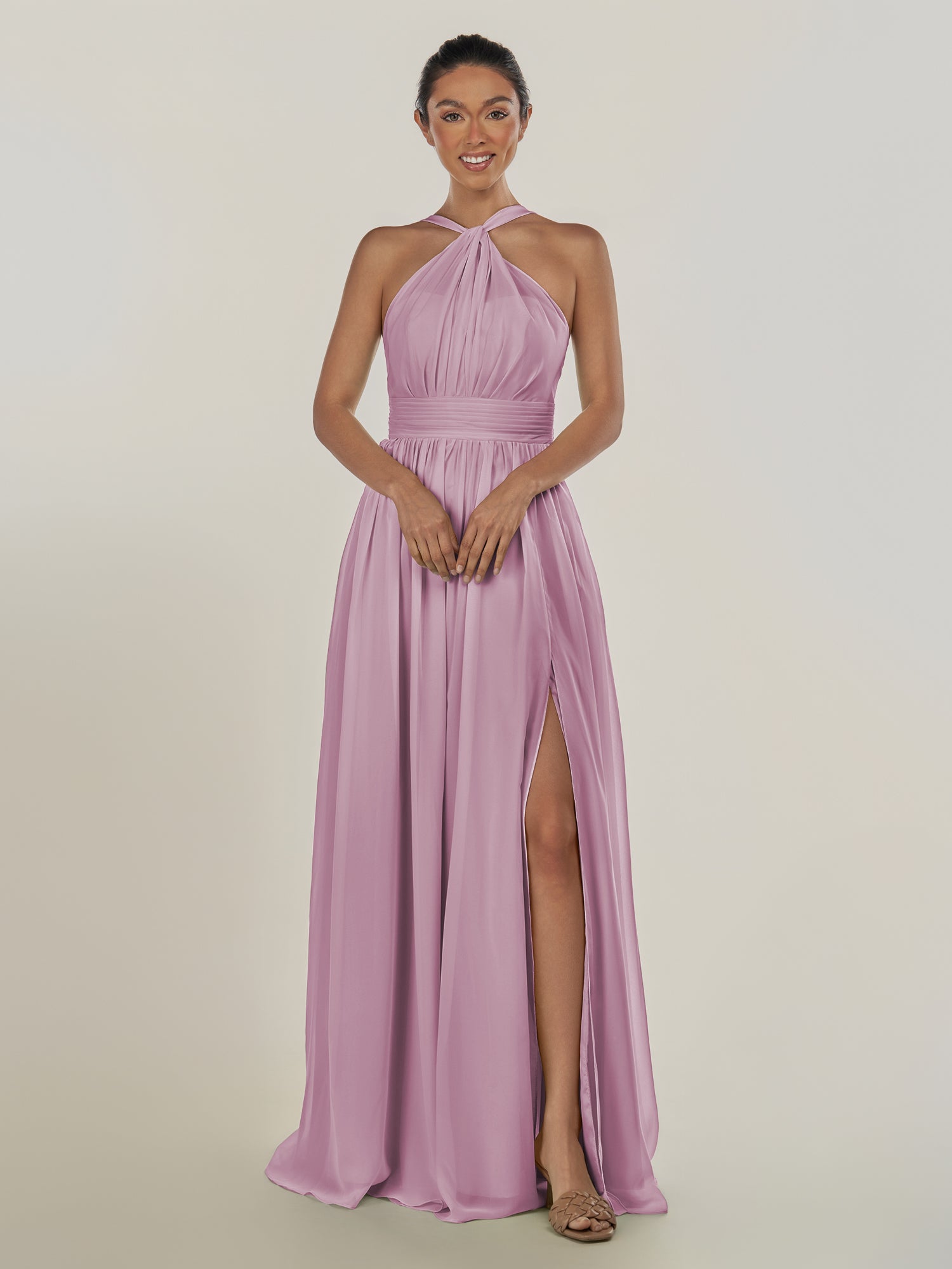 KissDress-Ciri Wisteria A Line Chiffon Halter Neck Pleated Long Bridesmaid Dress with Slit