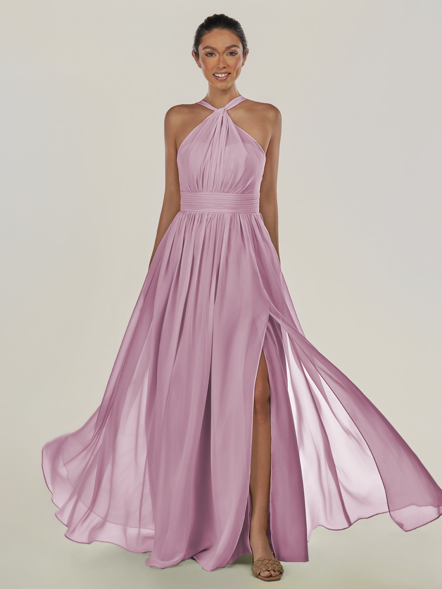 KissDress-Ciri Wisteria A Line Chiffon Halter Neck Pleated Long Bridesmaid Dress with Slit