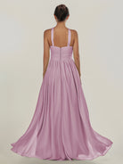 KissDress-Ciri Wisteria A Line Chiffon Halter Neck Pleated Long Bridesmaid Dress with Slit