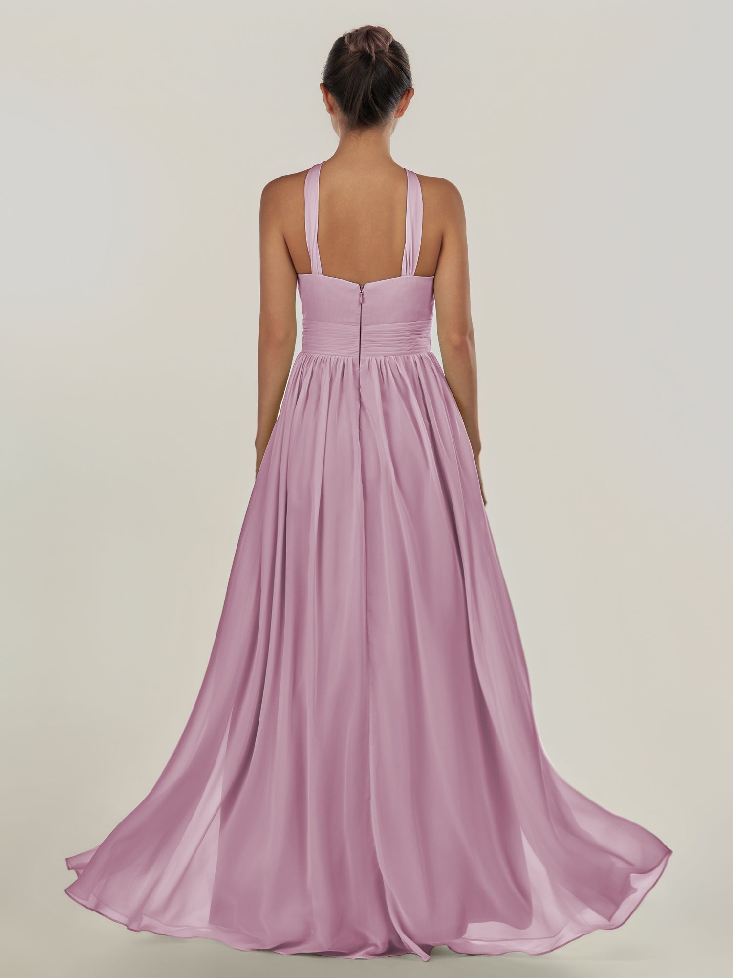 KissDress-Ciri Wisteria A Line Chiffon Halter Neck Pleated Long Bridesmaid Dress with Slit
