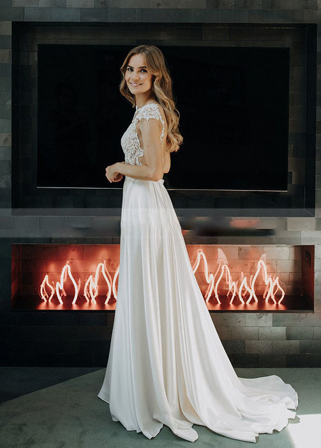 A-Line Cap Sleeve Long Backless Wedding Dresses with Appliques