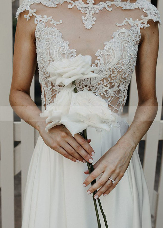 A-Line Cap Sleeve Long Backless Wedding Dresses with Appliques