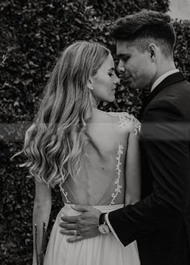 A-Line Cap Sleeve Long Backless Wedding Dresses with Appliques