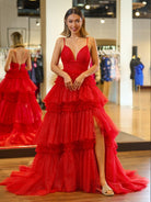 Amanda| A - Line Spaghetti Straps Long Tiered Tulle Prom Dress With Split - KissProm