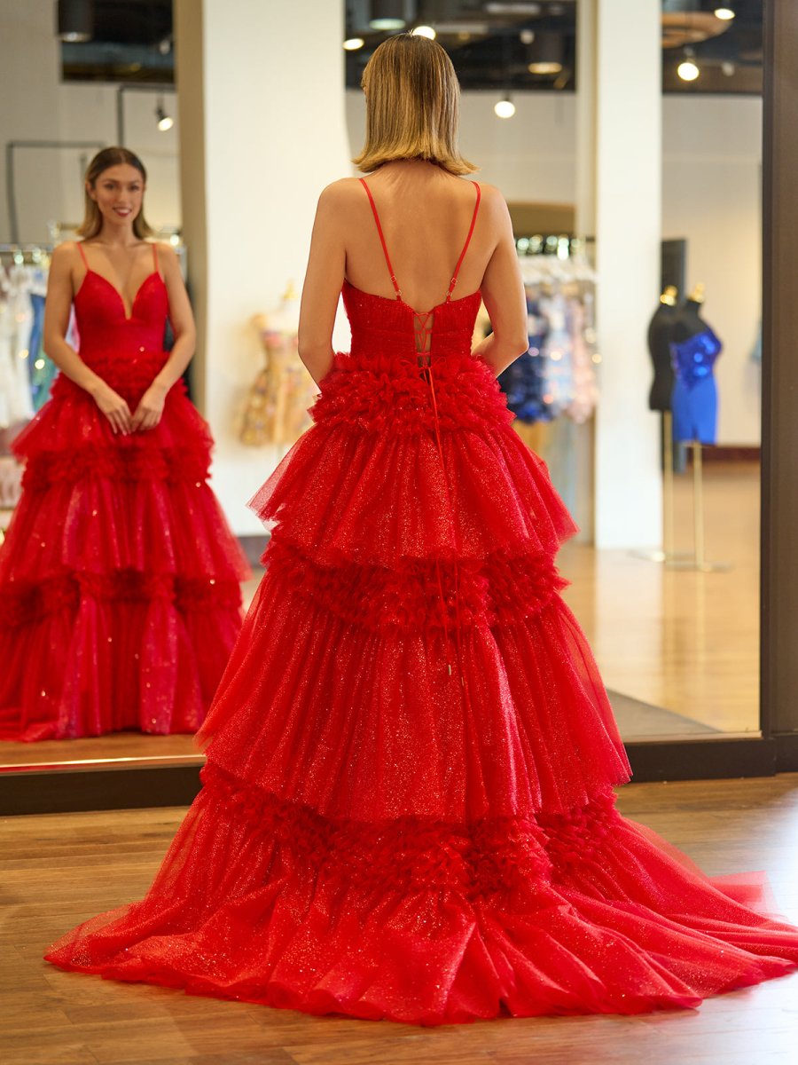 Amanda| A - Line Spaghetti Straps Long Tiered Tulle Prom Dress With Split - KissProm