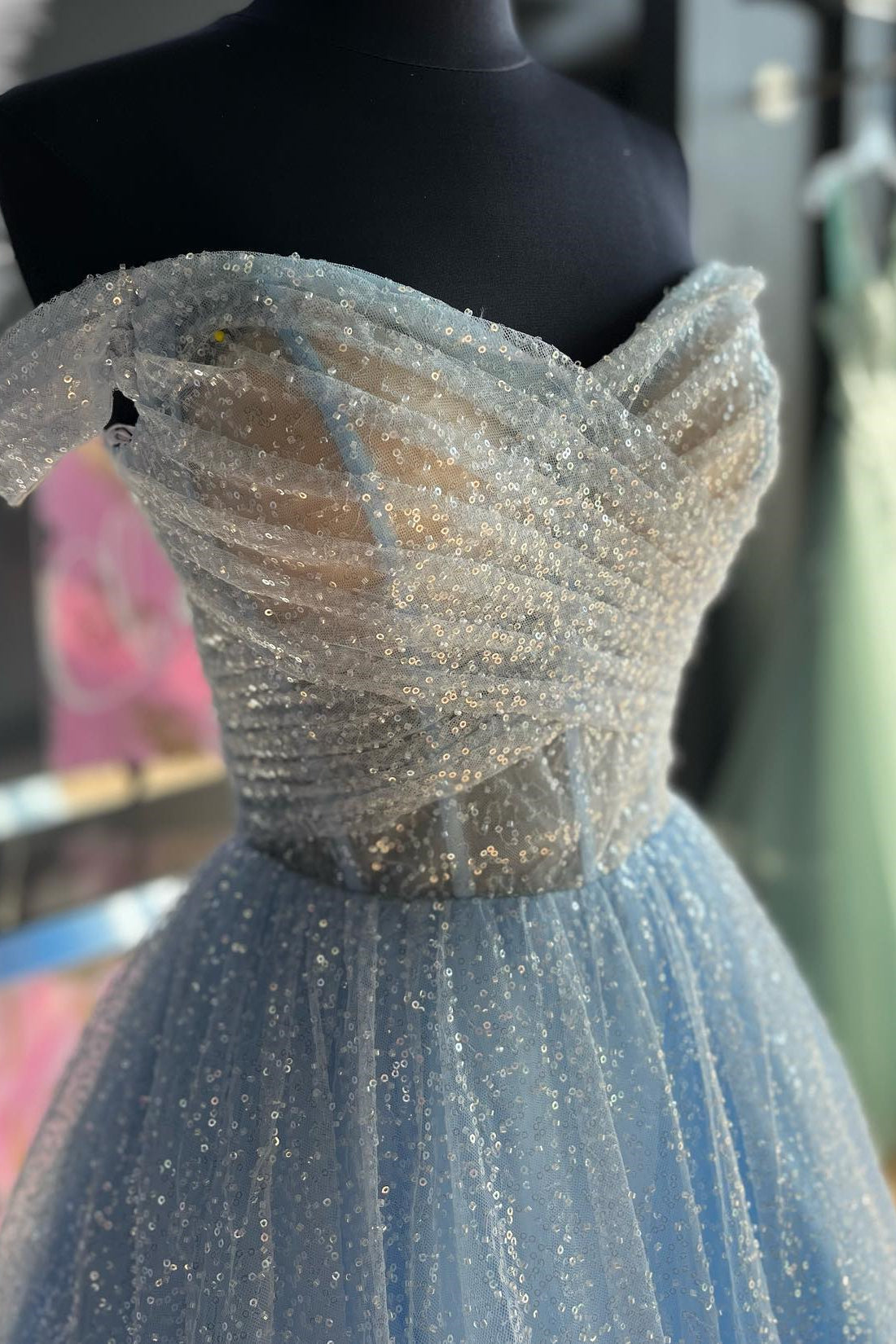 Sparkly Blush Pink Off-the-Shoulder Surplice Long Prom Dress