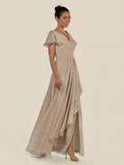 KissDress-Corin Almond A Line Chiffon V Neck Long Bridesmaid Dress with Flutter Sleeves