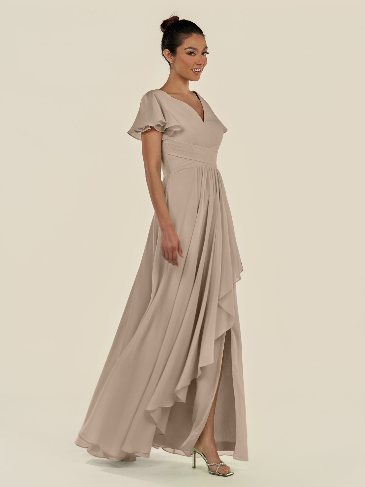 KissDress-Corin Almond A Line Chiffon V Neck Long Bridesmaid Dress with Flutter Sleeves