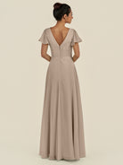 KissDress-Corin Almond A Line Chiffon V Neck Long Bridesmaid Dress with Flutter Sleeves