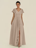 KissDress-Corin Almond A Line Chiffon V Neck Long Bridesmaid Dress with Flutter Sleeves