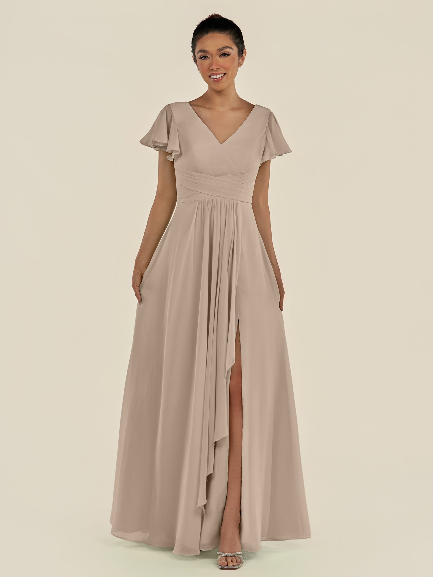 KissDress-Corin Almond A Line Chiffon V Neck Long Bridesmaid Dress with Flutter Sleeves