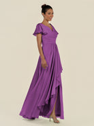 KissDress-Corin Amethyst A Line Chiffon V Neck Long Bridesmaid Dress with Flutter Sleeves