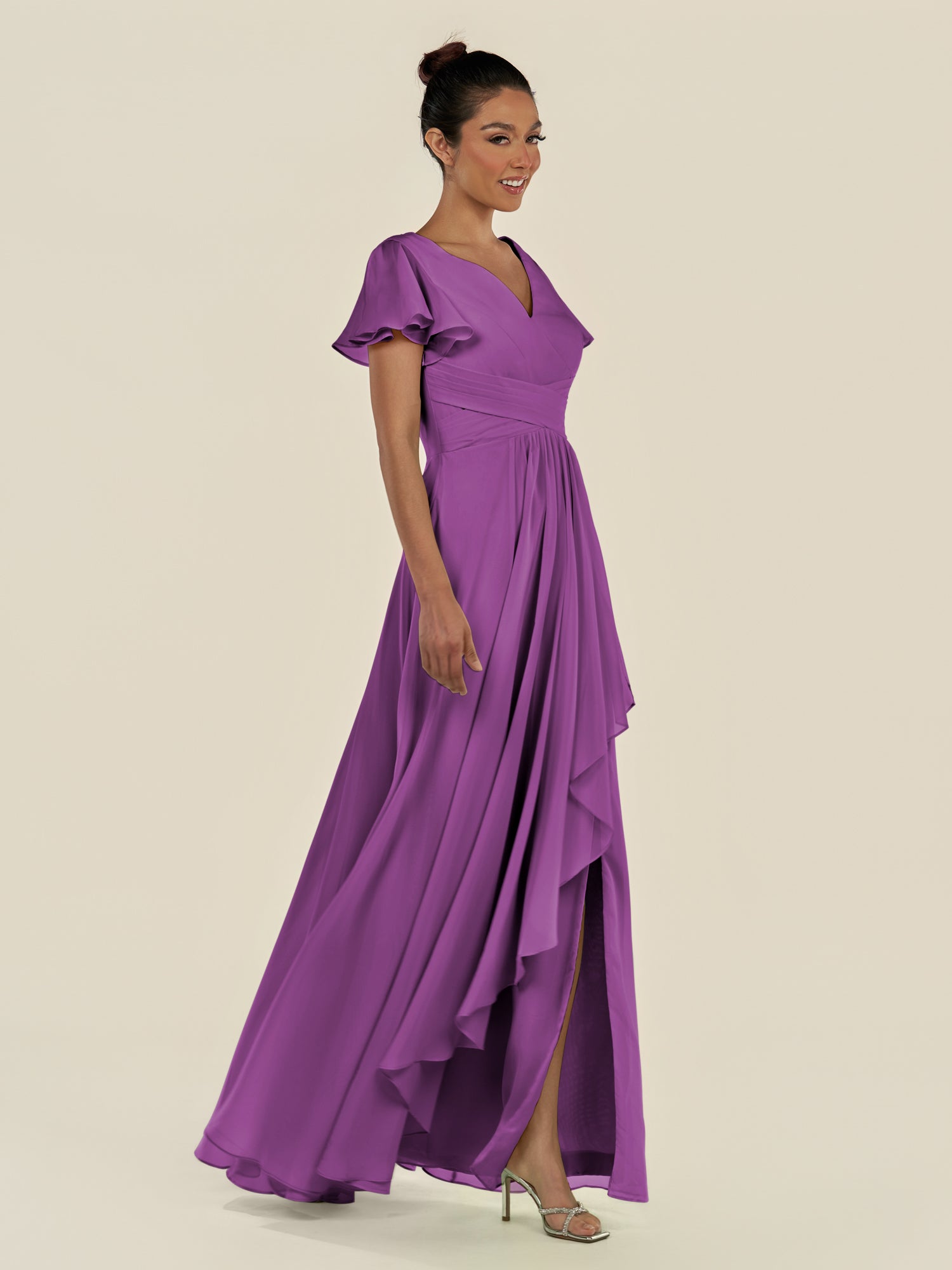KissDress-Corin Amethyst A Line Chiffon V Neck Long Bridesmaid Dress with Flutter Sleeves