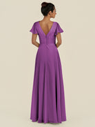 KissDress-Corin Amethyst A Line Chiffon V Neck Long Bridesmaid Dress with Flutter Sleeves