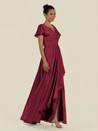 KissDress-Corin Berry A Line Chiffon V Neck Long Bridesmaid Dress with Flutter Sleeves