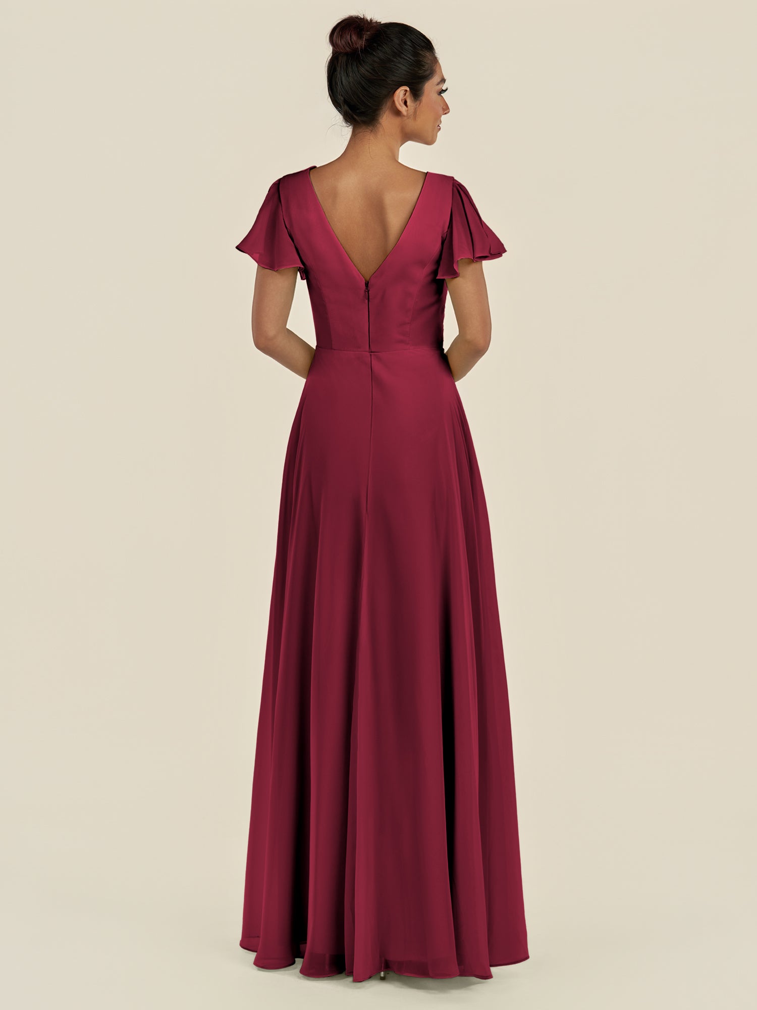 KissDress-Corin Berry A Line Chiffon V Neck Long Bridesmaid Dress with Flutter Sleeves