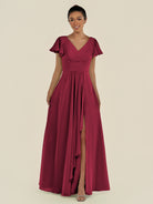 KissDress-Corin Berry A Line Chiffon V Neck Long Bridesmaid Dress with Flutter Sleeves