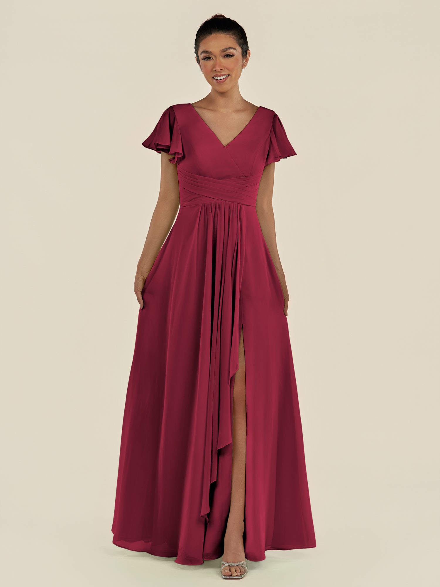 KissDress-Corin Berry A Line Chiffon V Neck Long Bridesmaid Dress with Flutter Sleeves