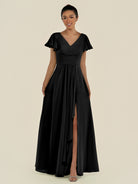KissDress-Corin Black A Line Chiffon V Neck Long Bridesmaid Dress with Flutter Sleeves
