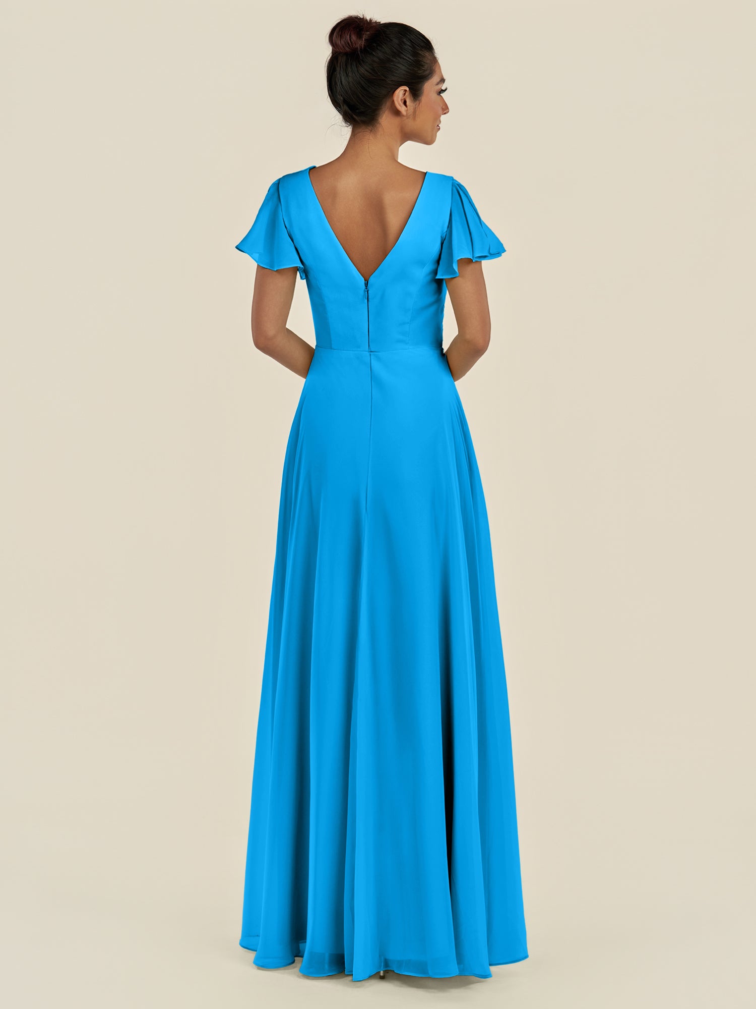 KissDress-Corin Blue Jay A Line Chiffon V Neck Long Bridesmaid Dress with Flutter Sleeves