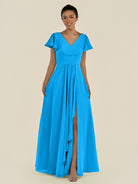 KissDress-Corin Blue Jay A Line Chiffon V Neck Long Bridesmaid Dress with Flutter Sleeves