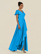KissDress-Corin Blue Jay A Line Chiffon V Neck Long Bridesmaid Dress with Flutter Sleeves