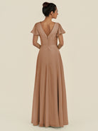 KissDress-Corin Bronzer A Line Chiffon V Neck Long Bridesmaid Dress with Flutter Sleeves