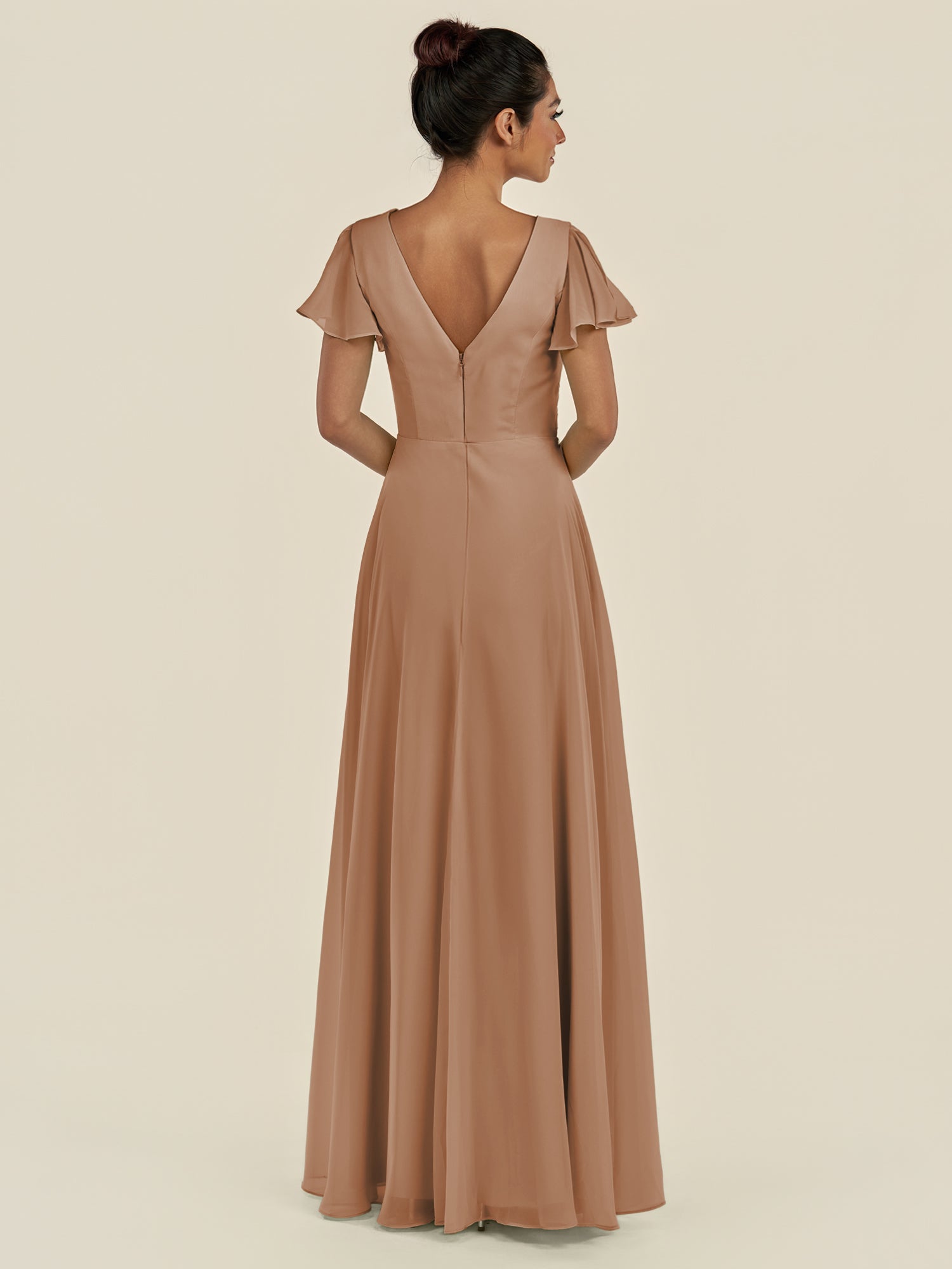 KissDress-Corin Bronzer A Line Chiffon V Neck Long Bridesmaid Dress with Flutter Sleeves
