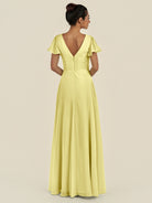 KissDress-Corin Buttercup A Line Chiffon V Neck Long Bridesmaid Dress with Flutter Sleeves