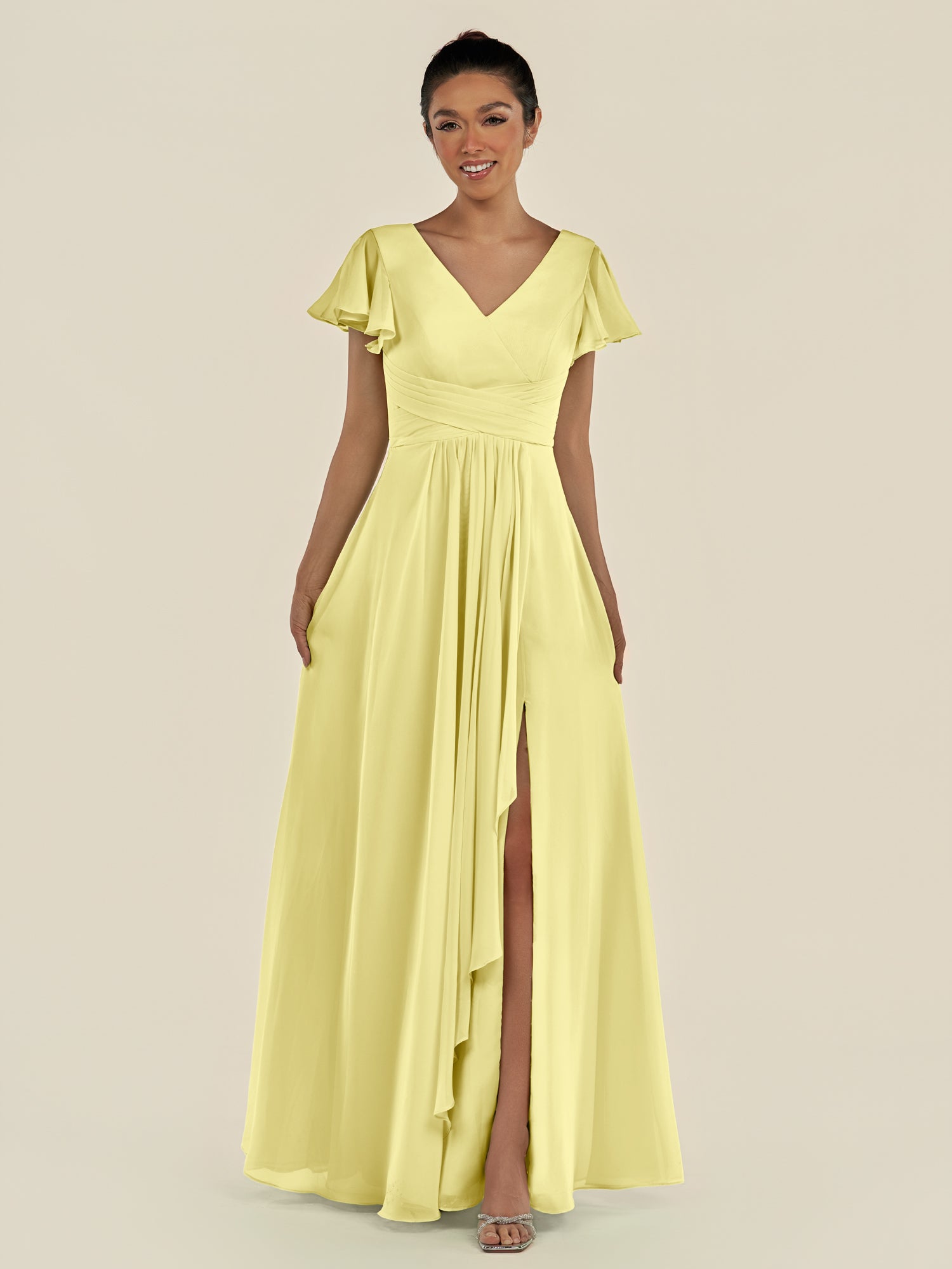 KissDress-Corin Buttercup A Line Chiffon V Neck Long Bridesmaid Dress with Flutter Sleeves